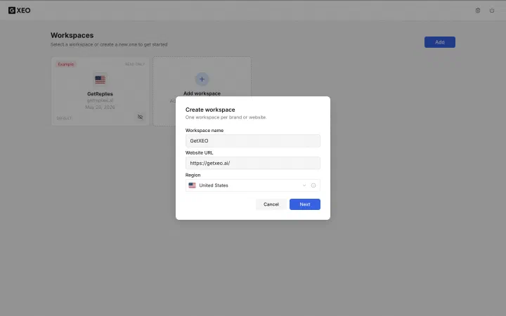 The Create workspace dialog over the workspaces list, with fields for workspace name, website URL and region, and a Next button.