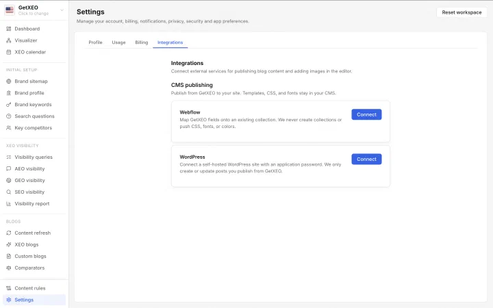 The Settings Integrations tab showing the Webflow and WordPress cards under CMS publishing, each with a Connect button.
