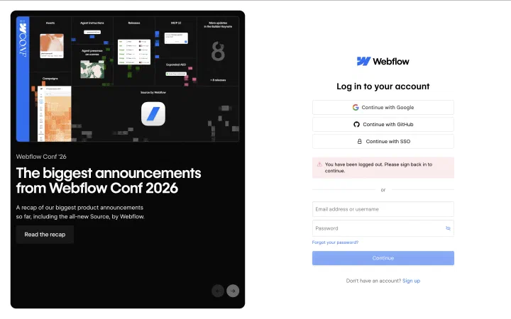 The Webflow log in screen offering Google, GitHub and SSO buttons alongside an email address and password form.