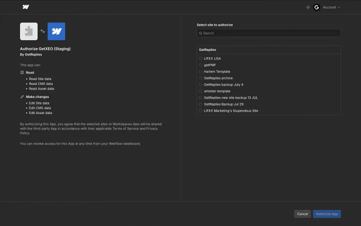 Webflow's authorize screen listing the read and edit permissions GetXEO requests, beside a list of sites to choose from.