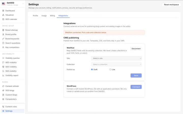 The Webflow card back in GetXEO settings, now connected, with site and collection dropdowns and a draft or live choice.