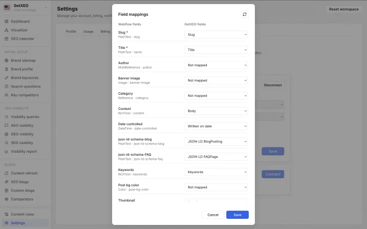 The field mappings dialog pairing Webflow collection fields with GetXEO fields, with required fields marked by an asterisk.