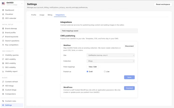 The Webflow card after saving, showing the chosen site and collection, a View or Edit button for field mappings, and the draft or live choice.