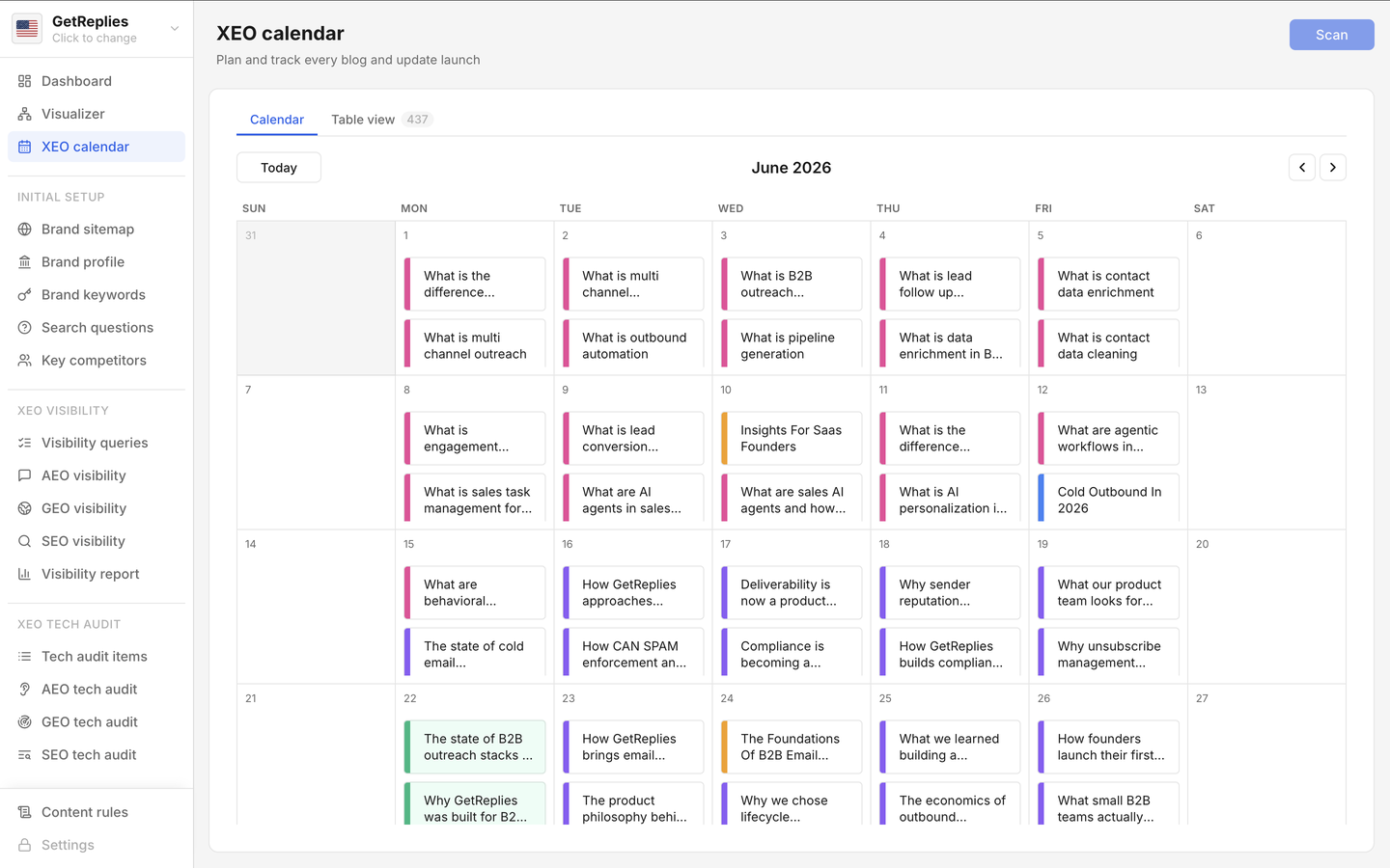 XEO calendar product snapshot.