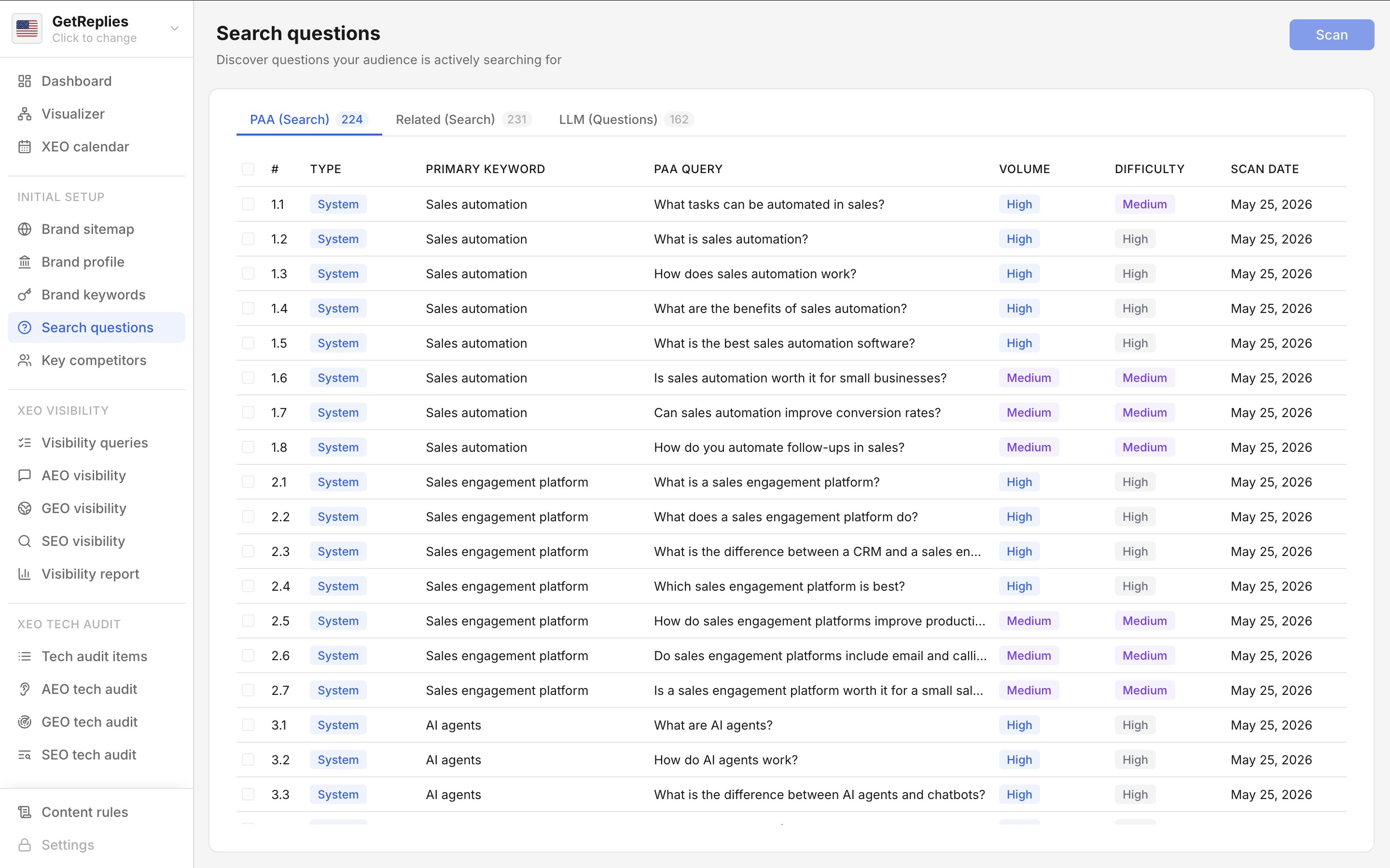 Search questions product snapshot.