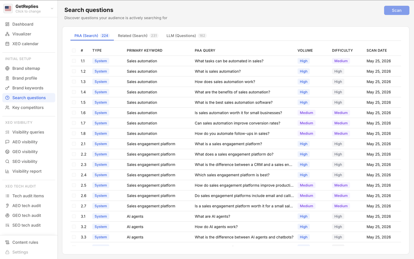 Search questions product snapshot.