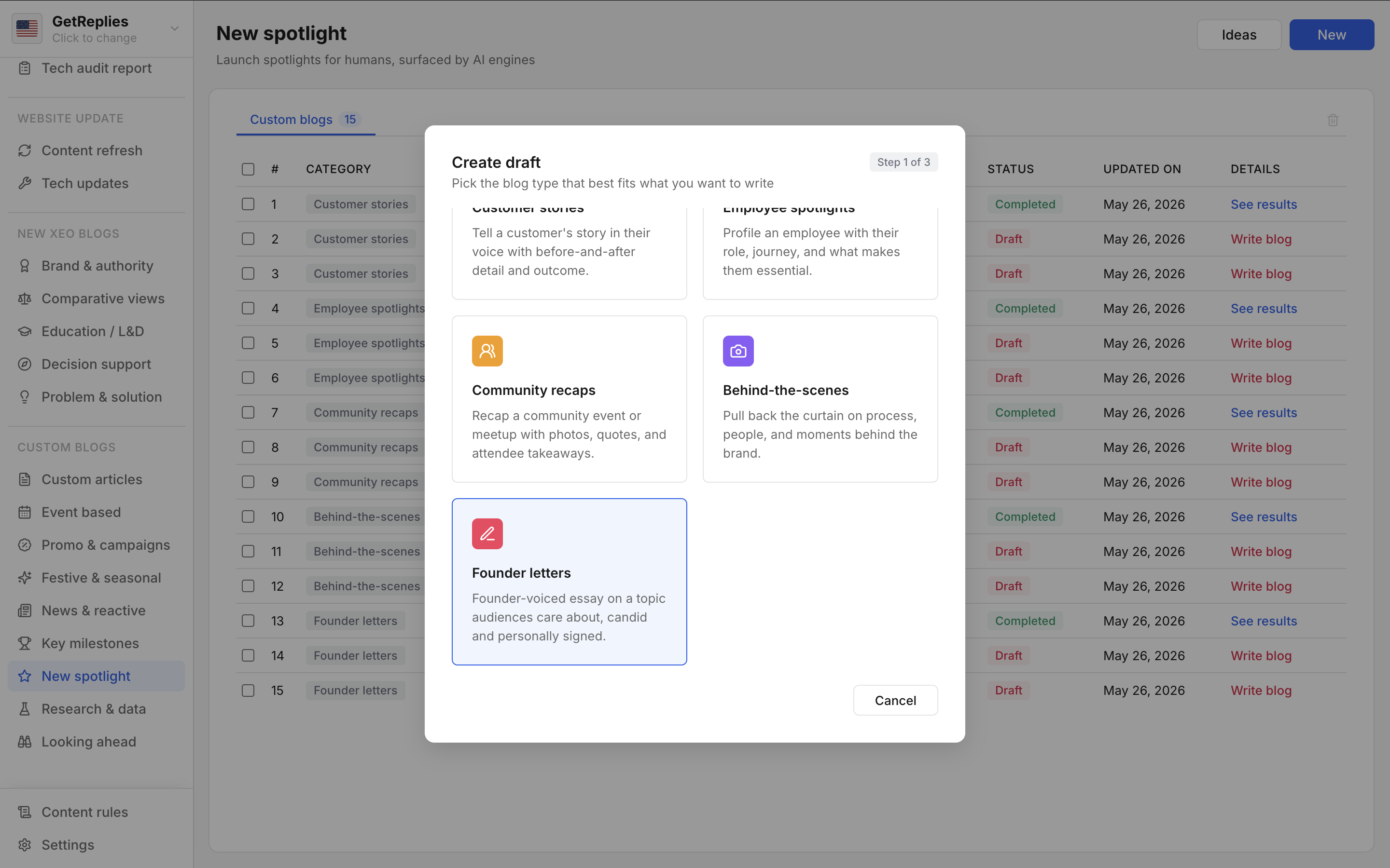 Founder letters product snapshot.