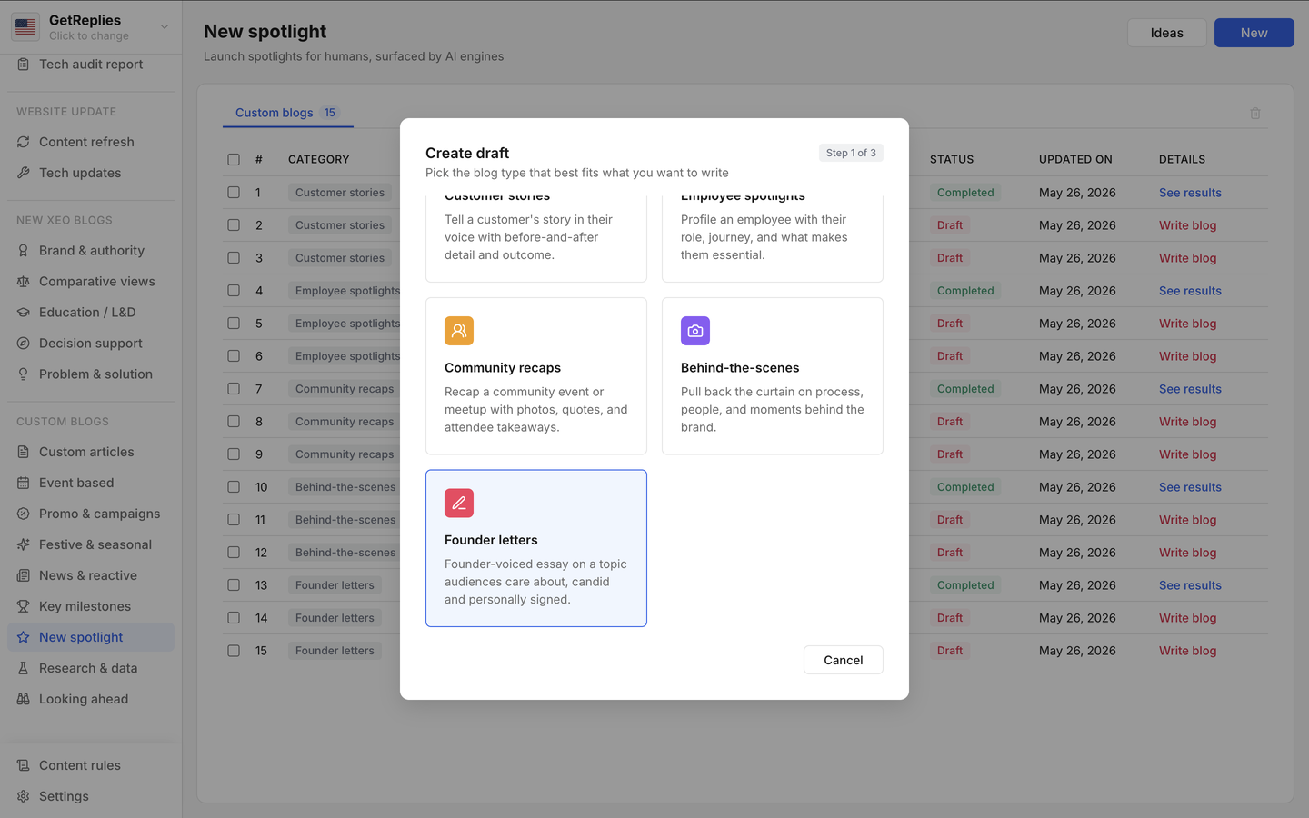 Founder letters product snapshot.