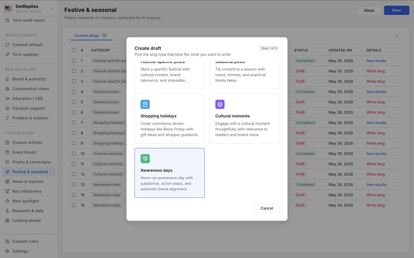 Awareness days product snapshot.