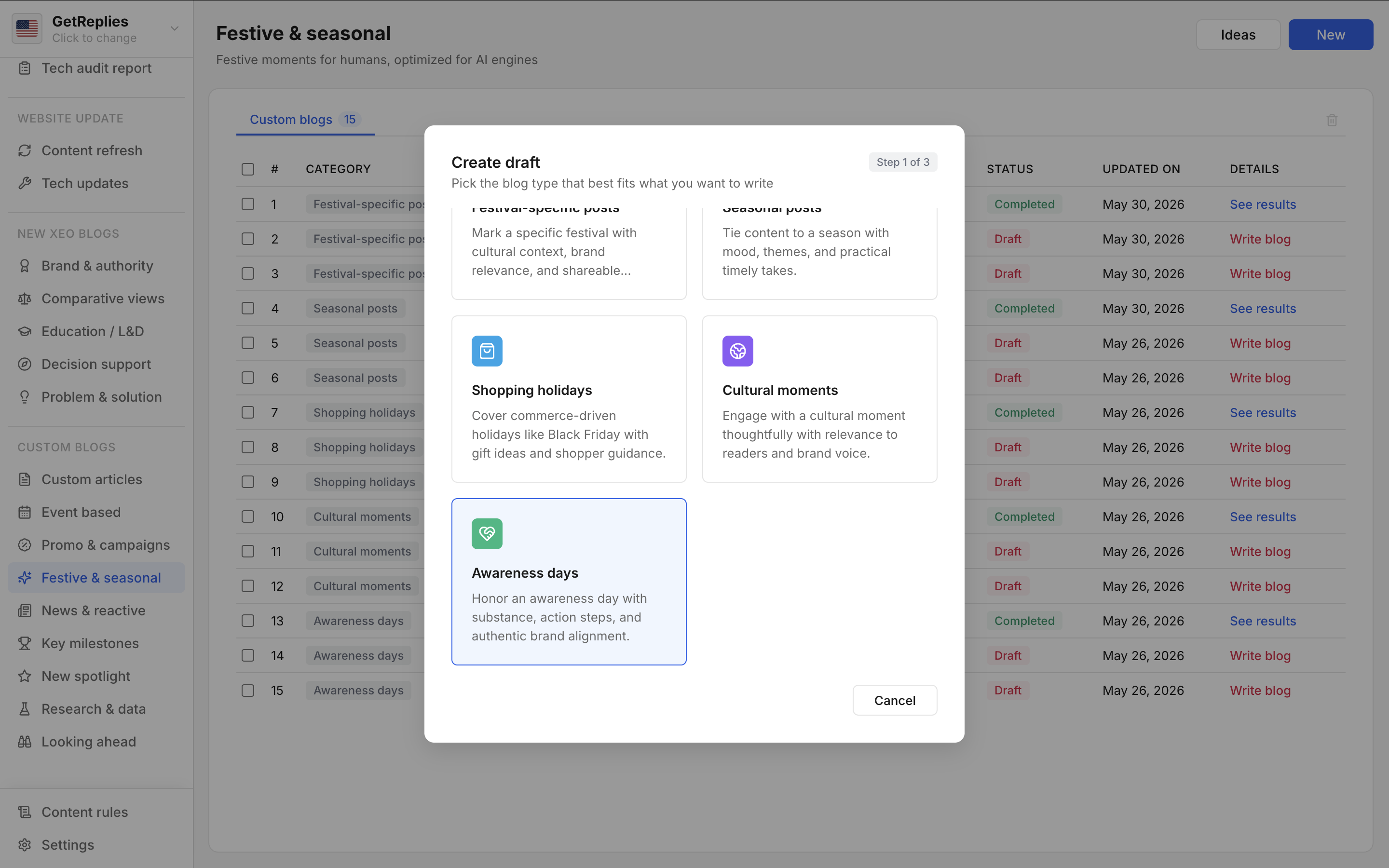Awareness days product snapshot.