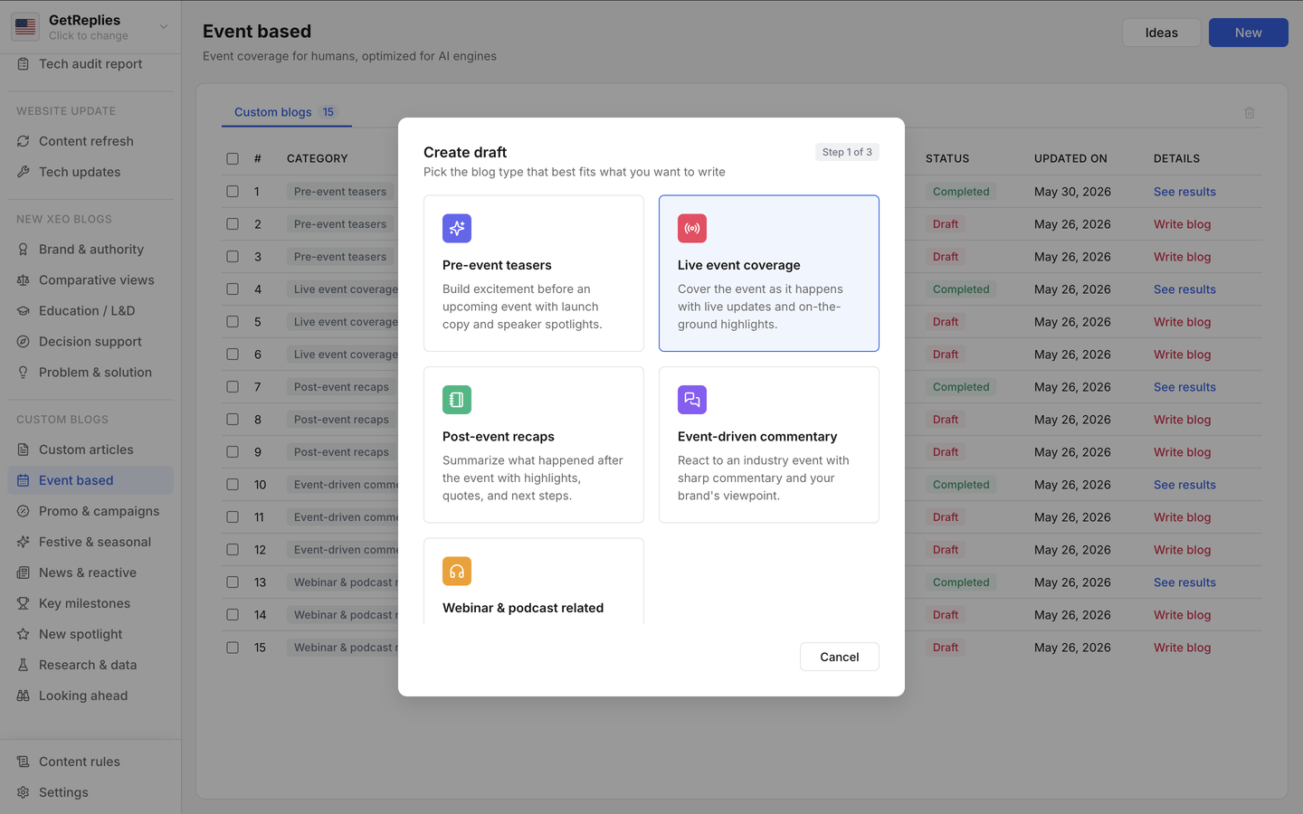 Live event coverage product snapshot.