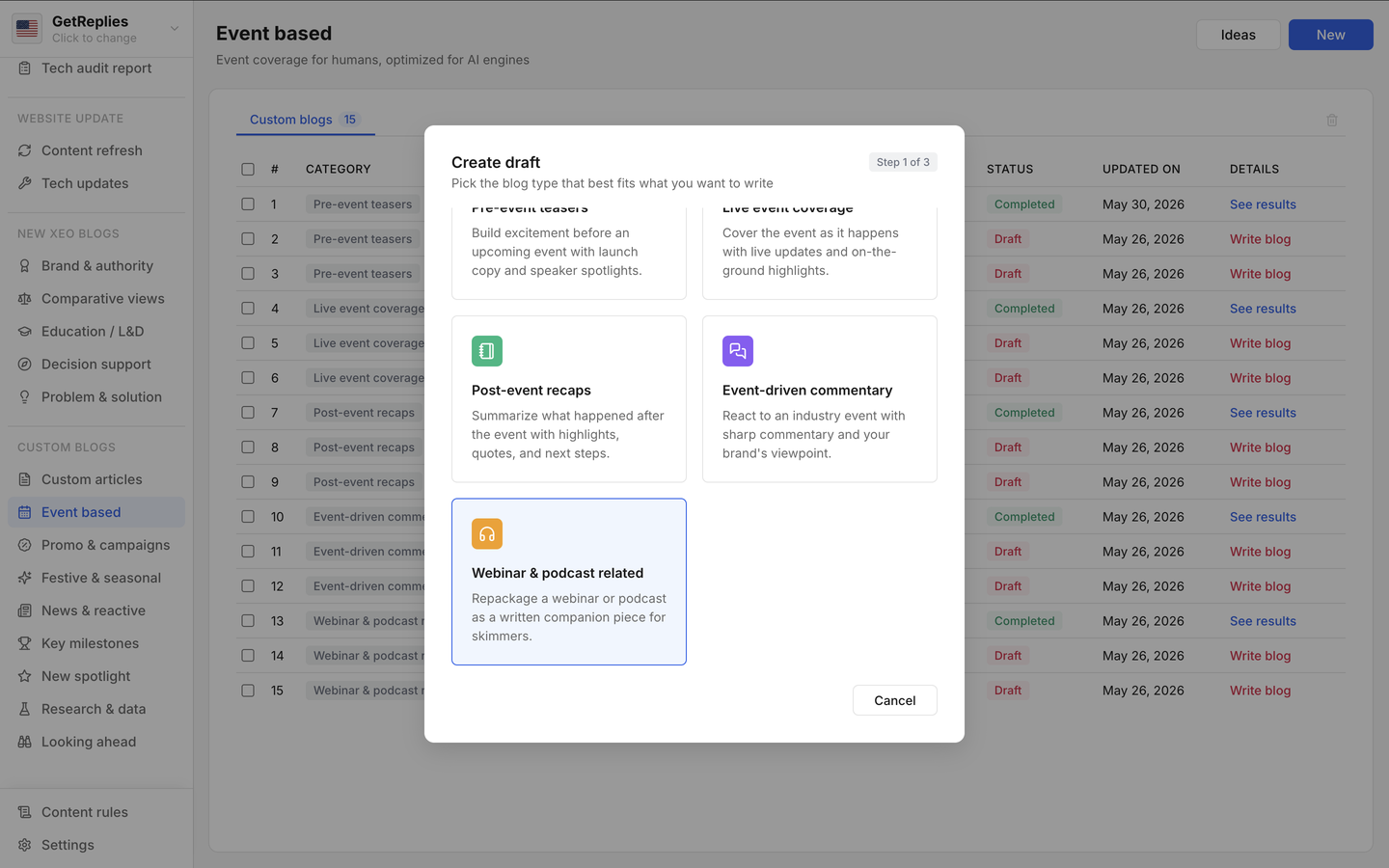 Webinar & podcast related product snapshot.