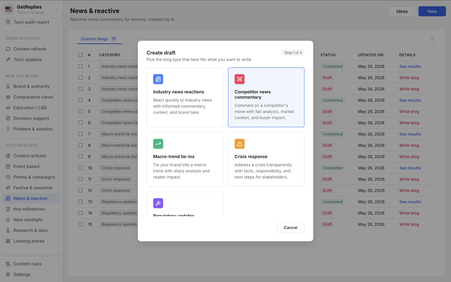 Competitor news commentary product snapshot.