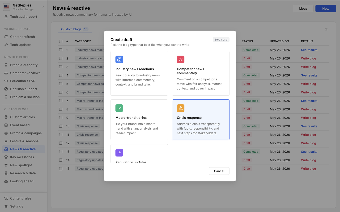 Crisis response product snapshot.