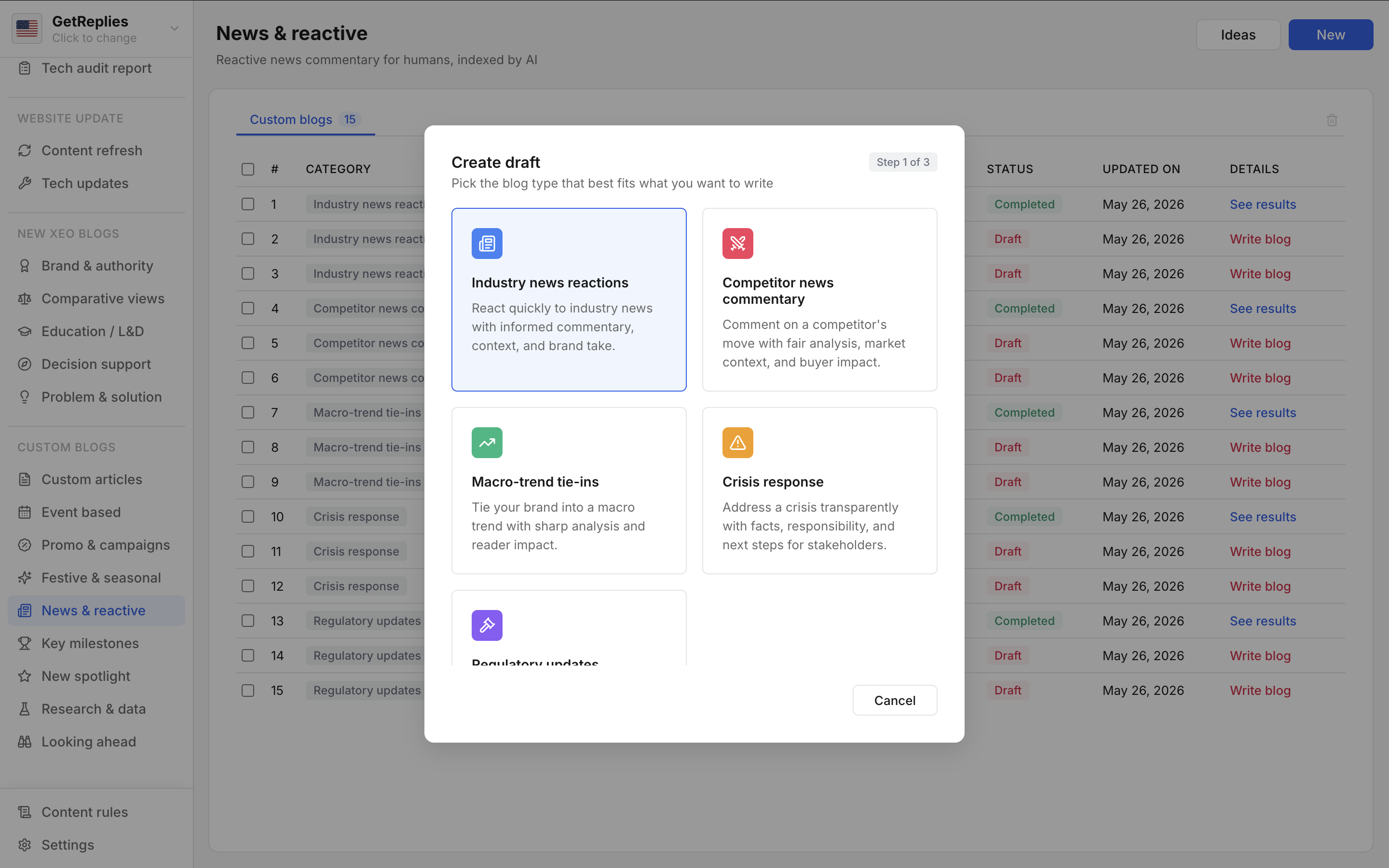 Industry news reactions product snapshot.