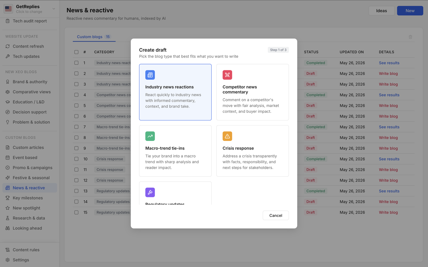 Industry news reactions product snapshot.