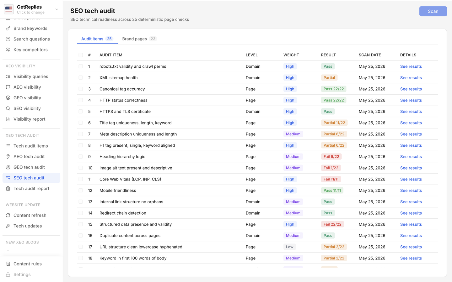 SEO tech audit product snapshot.
