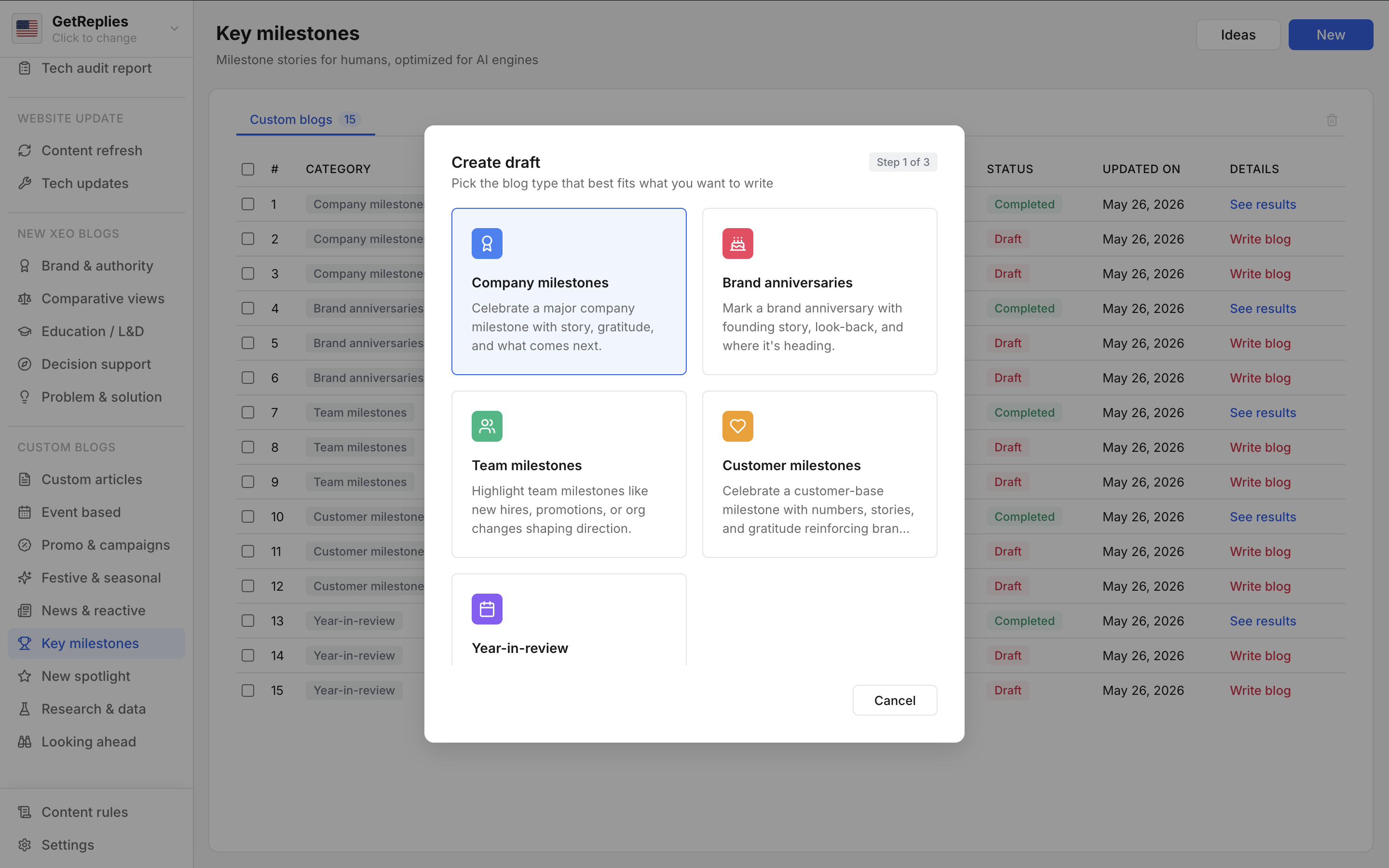 Company milestones product snapshot.