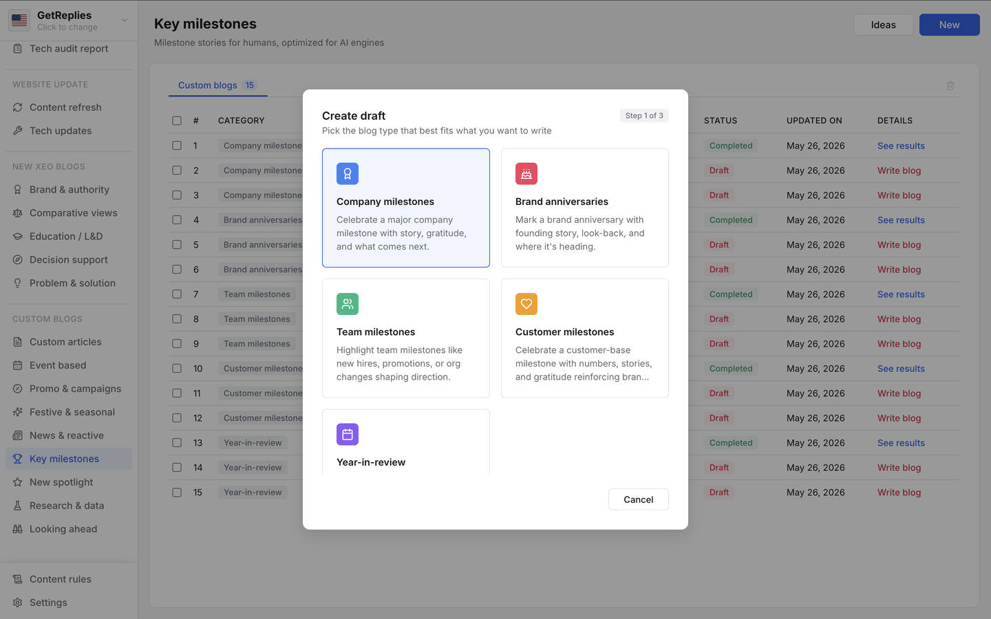 Company milestones product snapshot.