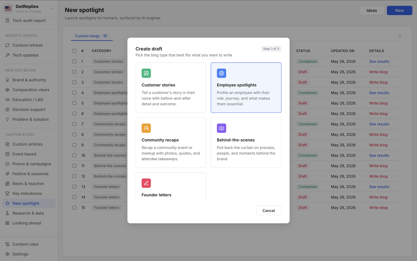 Employee spotlights product snapshot.